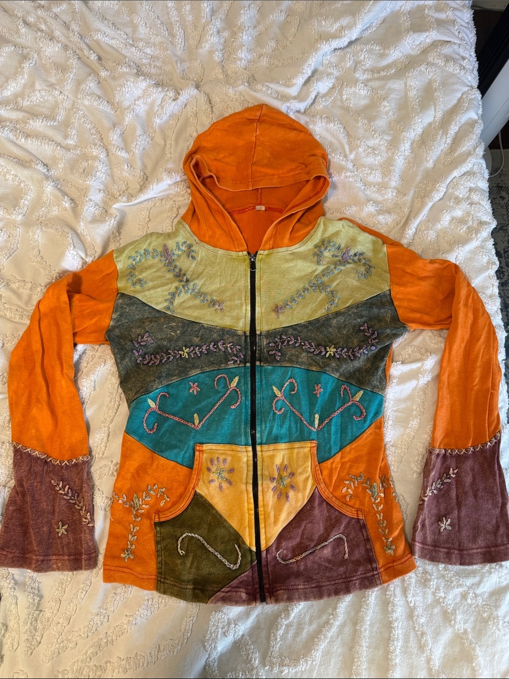 Embroidered Patchwork Zip Up Hoodie